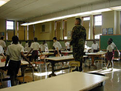 students standin up at lunch